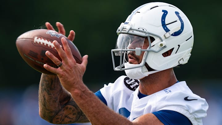 Indianapolis Colts wide receiver Michael Pittman Jr. (11) catches a pass Friday, July 25, 2025, during training camp held at Grand Park in Westfield.