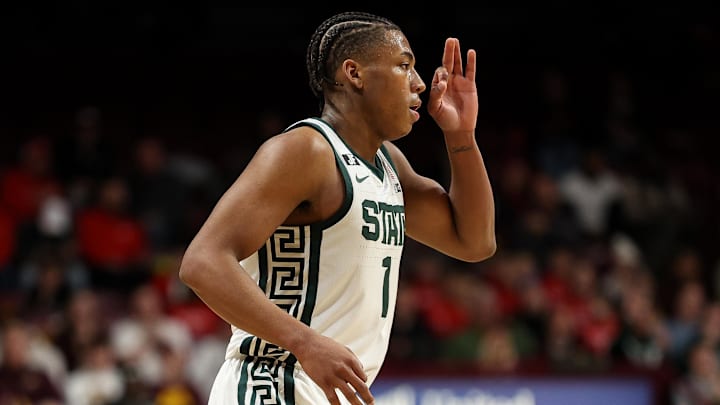 Dec 4, 2024; Minneapolis, Minnesota, USA; Michigan State Spartans guard Jeremy Fears Jr. (1) celebrates his three-point basket against the Minnesota Golden Gophers during the second half at Williams Arena. Mandatory Credit: Matt Krohn-Imagn Images