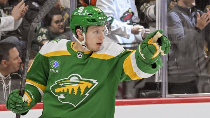 Nov 29, 2024; Saint Paul, Minnesota, USA;  Minnesota Wild forward Marco Rossi (23) celebrates his goal against the Chicago Blackhawks during the second period at Xcel Energy Center. Mandatory Credit: Nick Wosika-Imagn Images