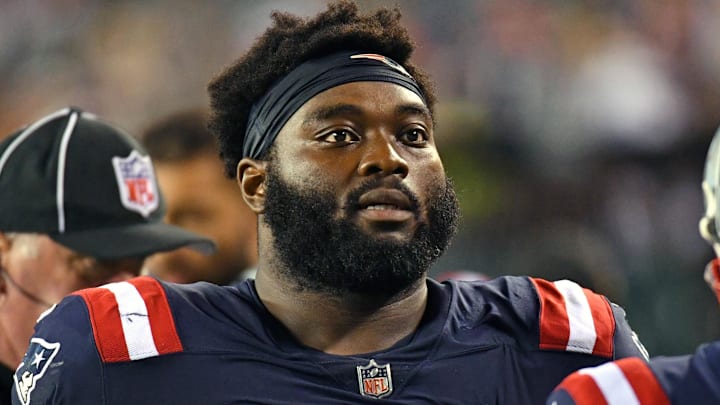 Aug 19, 2021; Philadelphia, Pennsylvania, USA; New England Patriots offensive guard Mike Onwenu (71)