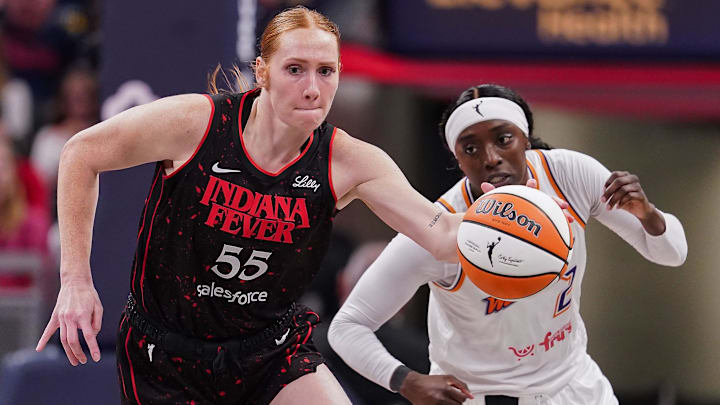 Indiana Fever forward Chloe Bibby (55) rushes up the court Wednesday, July 30, 2025, during the game at Gainbridge Fieldhouse in Indianapolis. The Indiana Fever defeated the Phoenix Mercury, 107-101. Indiana Fever forward Chloe Bibby (55) rushes up the court Wednesday, July 30, 2025, during the game at Gainbridge Fieldhouse in Indianapolis. The Indiana Fever defeated the Phoenix Mercury, 107-101.