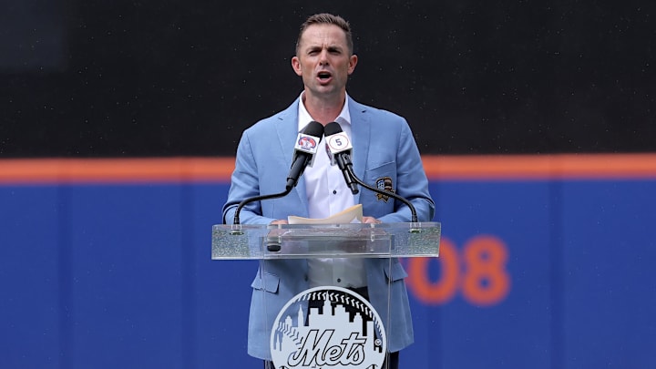Jul 19, 2025; New York City, New York, USA; New York Mets former third baseman David Wright speaks to fans during his number retirement ceremony before a game against the Cincinnati Reds at Citi Field. Mandatory Credit: Brad Penner-Imagn Images
