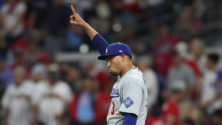 Oct 7, 2026; Cumberland, Georgia, USA;  Los Angeles Dodgers pitcher Edwin Diaz (3) celebrates after defeating the Atlanta Braves in game four of the NLDS for the 2026 MLB Playoffs at Truist Park.  Mandatory Credit: Brett Davis-Imagn Images
