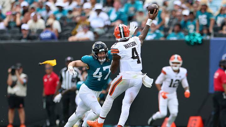 Sep 13, 2026; Jacksonville, Florida, USA; Cleveland Browns quarterback Deshaun Watson (4) attempts a pass under pressure from Jacksonville Jaguars linebacker Dennis Gardeck (47) in the second quarter at EverBank Stadium. Mandatory Credit: Nathan Ray Seebeck-Imagn Images Sep 13, 2026; Jacksonville, Florida, USA; Cleveland Browns quarterback Deshaun Watson (4) attempts a pass under pressure from Jacksonville Jaguars linebacker Dennis Gardeck (47) in the second quarter at EverBank Stadium. Mandatory Credit: Nathan Ray Seebeck-Imagn Images