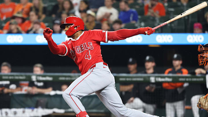 Jun 13, 2025; Baltimore, Maryland, USA; Los Angeles Angels second baseman Christian Moore (4) takes a swing during the seventh inning against the Baltimore Orioles at Oriole Park at Camden Yards. Mandatory Credit: Daniel Kucin Jr.-Imagn Images