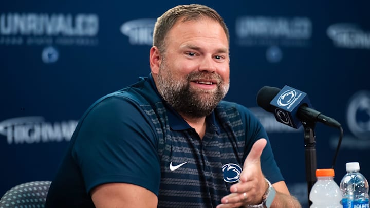 Penn State offensive coordinator Andy Kotelnicki talks with reporters at Beaver Stadium during the 2024 season. Penn State offensive coordinator Andy Kotelnicki talks with reporters at Beaver Stadium during the 2024 season.