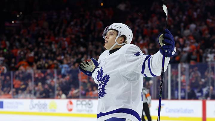 Jan 8, 2026; Philadelphia, Pennsylvania, USA; Toronto Maple Leafs right wing Easton Cowan (53) reacts after scoring the game winning goal against the Philadelphia Flyers during overtime at Xfinity Mobile Arena. Mandatory Credit: Bill Streicher-Imagn Images