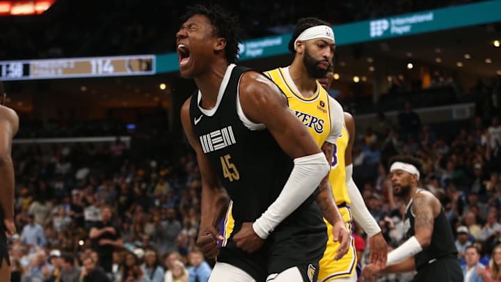 Apr 12, 2024; Memphis, Tennessee, USA; Memphis Grizzlies forward GG Jackson (45) reacts after a dunk