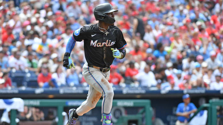 Jun 30, 2024; Philadelphia, Pennsylvania, USA; Miami Marlins outfielder Jazz Chisholm Jr. (2) watches his hits an RBI single against the Philadelphia Phillies during the fourth inning at Citizens Bank Park. Mandatory Credit: Eric Hartline-USA TODAY Sports