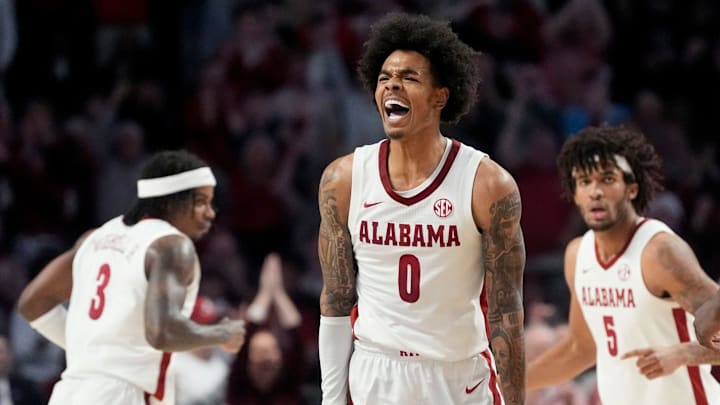 Dec 13, 2025; Birmingham, AL, USA; Alabama guard Labaron Philon Jr. (0) celebrates a three pointer against Arizona at Legacy Arena. Mandatory Credit: Gary Cosby Jr.-Tuscaloosa News