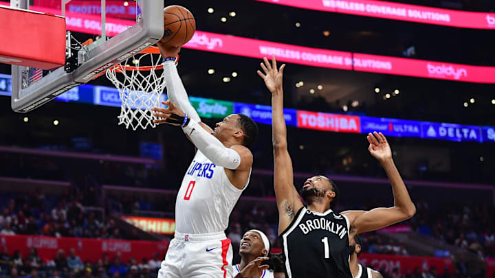 Jan 21, 2024; Los Angeles, California, USA; Los Angeles Clippers guard Russell Westbrook (0) moves