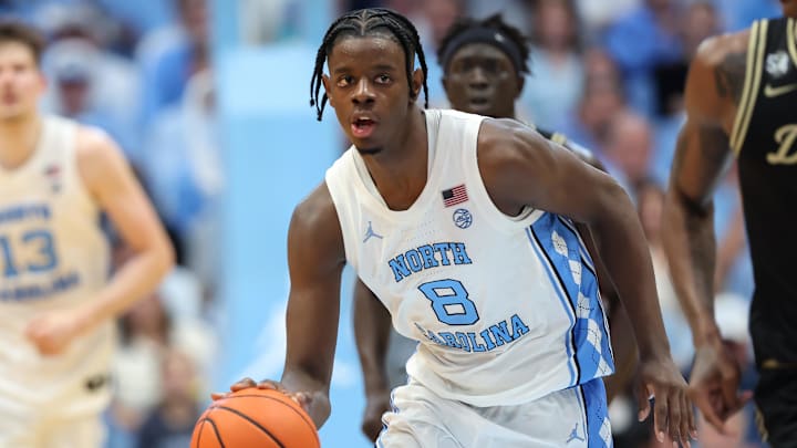 Jan 10, 2026; Chapel Hill, North Carolina, USA; North Carolina Tar Heels forward Caleb Wilson (8) dribbles the ball against the Wake Forest Demon Deacons during the second half at Dean E. Smith Center. Mandatory Credit: Cory Knowlton-Imagn Images