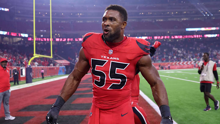 Nov 20, 2025; Houston, Texas, USA; Houston Texans defensive end Danielle Hunter (55) celebrates after defeating the Buffalo Bills at NRG Stadium. Mandatory Credit: Troy Taormina-Imagn Images