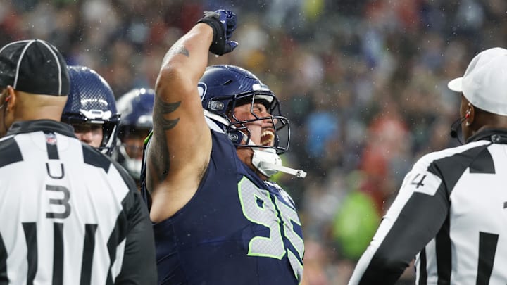Aug 15, 2025; Seattle, Washington, USA; Seattle Seahawks defensive tackle Brandon Pili (95) celebrates following a safety against the Kansas City Chiefs during the second quarter at Lumen Field. Mandatory Credit: Joe Nicholson-Imagn Images