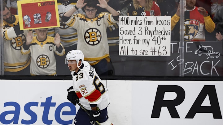 Oct 21, 2025; Boston, Massachusetts, USA; Florida Panthers left wing Brad Marchand (63) skates during warm ups before their game against the Boston Bruins period at TD Garden. Mandatory Credit: Winslow Townson-Imagn Images