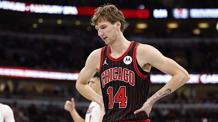 Nov 21, 2025; Chicago, Illinois, USA; Chicago Bulls forward Matas Buzelis (14) reacts during the second half at United Center. Mandatory Credit: Kamil Krzaczynski-Imagn Images Nov 21, 2025; Chicago, Illinois, USA; Chicago Bulls forward Matas Buzelis (14) reacts during the second half at United Center. Mandatory Credit: Kamil Krzaczynski-Imagn Images