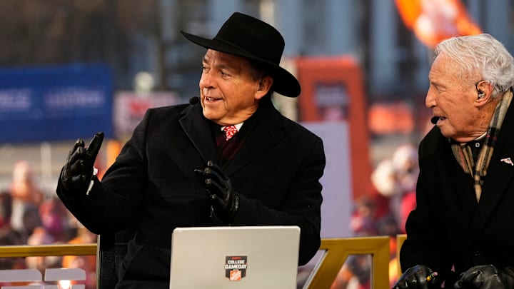 Nick Saban and Lee Corso talk on the set of ESPN College GameDay.