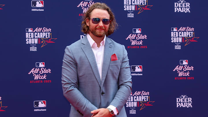 Jul 15, 2025; Atlanta, GA, USA; National League second baseman Brendan Donovan (33) of the St. Louis Cardinals poses for a photo on the red carpet before the 2025 MLB All Star Game at Truist Park. Mandatory Credit: Brett Davis-Imagn Images