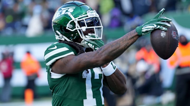 New York Jets wide receiver Davante Adams (17) celebrates after getting on the scoreboard first with a first quarter touchdown, Sunday, December 22, 2024, in East Rutherford.