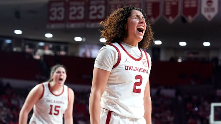Aaliyah Chavez (2) cheers after a basket and foul during the women's college basketball game between the Oklahoma Sooners and the South Carolina at the Lloyd Noble Center in Norman, Okla., Thursday Jan. 22, 2026.