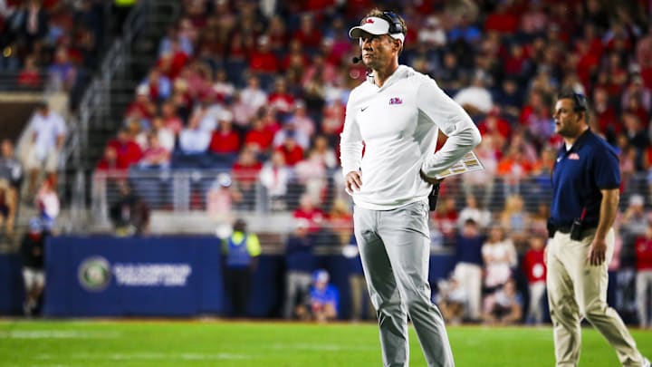 Nov 15, 2025; Oxford, Mississippi, USA; Mississippi Rebels head coach Lane Kiffin reacts to a play against the Florida Gators during the first half at Vaught-Hemingway Stadium. Mandatory Credit: Petre Thomas-Imagn Images