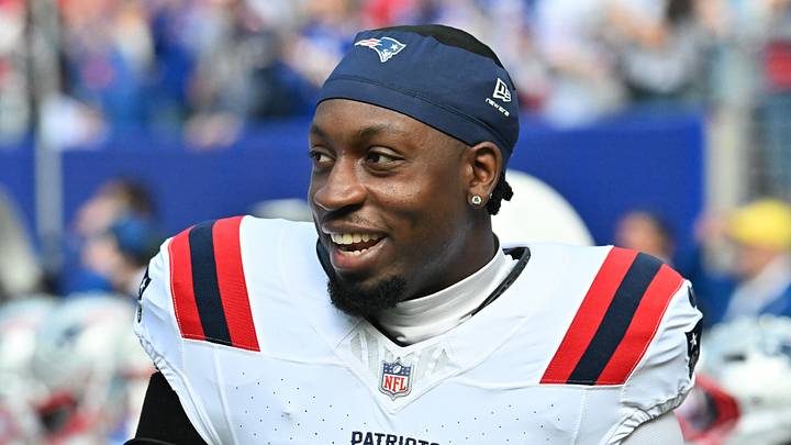 Oct 4, 2026; Orchard Park, New York, USA;  New England Patriots linebacker Erick Hunter #49 looks on during the first quarter against the Buffalo Bills at New Highmark Stadium.  Mandatory Credit: Mark Konezny-Imagn Images