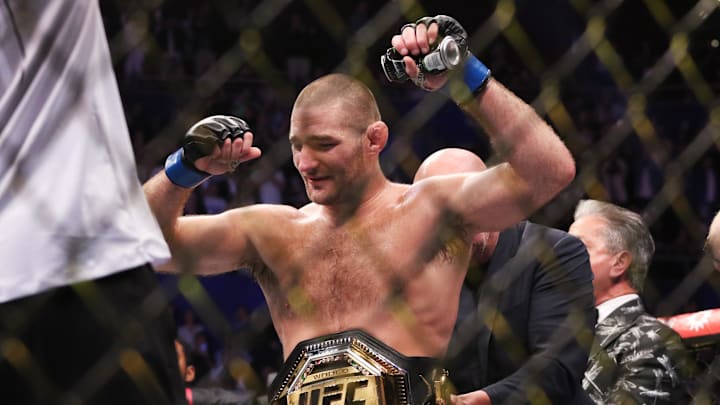 Sep 9, 2023; Sydney, NSW, AUSTRALIA; Sean Strickland (blue gloves) celebrates after defeating Israel