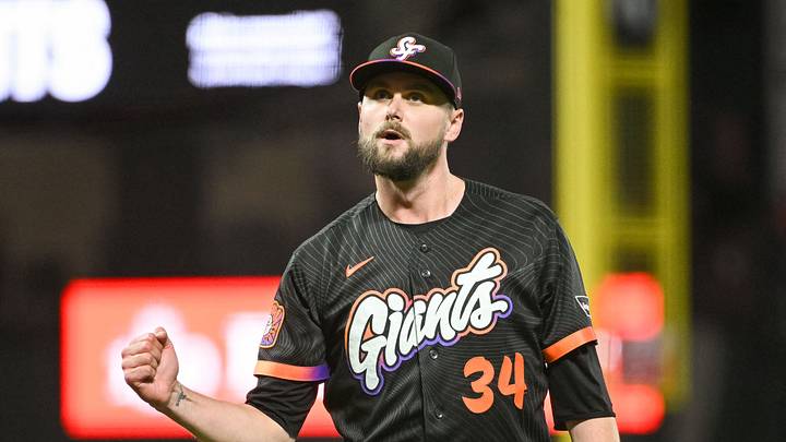 Aug 11, 2026; San Francisco, California, USA; San Francisco Giants pitcher JT Brubaker (34) celebrates after defeating the Houston Astros at Oracle Park. Mandatory Credit: Ed Szczepanski-Imagn Images