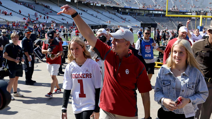 Oklahoma coach Brent Venables gives the Horns Down after the Red River Rivalry college football game between the University of Oklahoma Sooners (OU) and the University of Texas (UT) Longhorns at the Cotton Bowl in Dallas, Saturday, Oct. 7, 2023. Oklahoma won 34-30. Oklahoma coach Brent Venables gives the Horns Down after the Red River Rivalry college football game between the University of Oklahoma Sooners (OU) and the University of Texas (UT) Longhorns at the Cotton Bowl in Dallas, Saturday, Oct. 7, 2023. Oklahoma won 34-30.