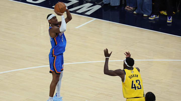Jun 13, 2025; Indianapolis, Indiana, USA; Oklahoma City Thunder guard Shai Gilgeous-Alexander (2) shoots a mid-range jumper over Indiana Pacers forward Pascal Siakam (43) during the fourth quarter in Game 4 of the 2025 NBA Finals at Gainbridge Fieldhouse. Mandatory Credit: Trevor Ruszkowski-Imagn Images Jun 13, 2025; Indianapolis, Indiana, USA; Oklahoma City Thunder guard Shai Gilgeous-Alexander (2) shoots a mid-range jumper over Indiana Pacers forward Pascal Siakam (43) during the fourth quarter in Game 4 of the 2025 NBA Finals at Gainbridge Fieldhouse. Mandatory Credit: Trevor Ruszkowski-Imagn Images