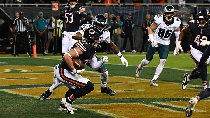 Chicago Bears safety Dillon Thieneman (31) runs after intercepting the ball against the Philadelphia Eagles at Soldier Field. Mandatory Credit: Matt Marton-Imagn Images Chicago Bears safety Dillon Thieneman (31) runs after intercepting the ball against the Philadelphia Eagles at Soldier Field. Mandatory Credit: Matt Marton-Imagn Images