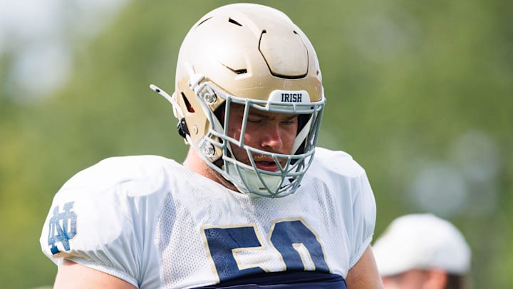 Notre Dame offensive lineman Rocco Spindler participates in a drill during a Notre Dame football practice at Irish Athletic Center on Tuesday, Aug. 6, 2024, in South Bend.