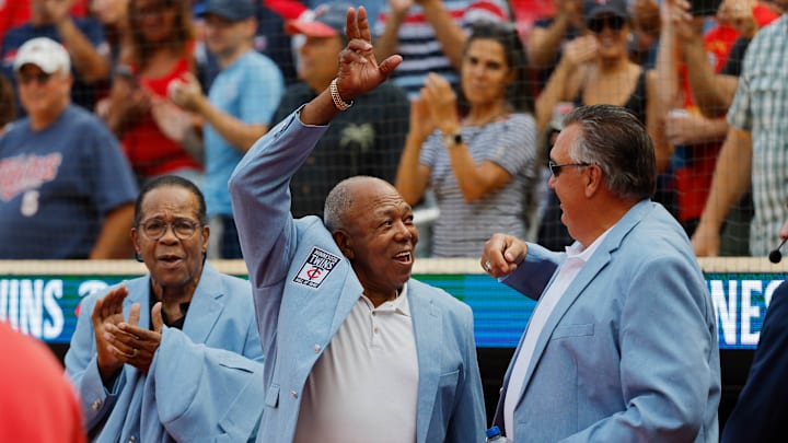 From left, former Minnesota Twins Rod Carew, Tony Oliva and Kent Hrbek acknowledge the crowd as they are introduced for the Twins Hall of Fame induction ceremony for Joe Mauer (not pictured) before the game with the Arizona Diamondbacks at Target Field in Minneapolis on Aug. 5, 2023. From left, former Minnesota Twins Rod Carew, Tony Oliva and Kent Hrbek acknowledge the crowd as they are introduced for the Twins Hall of Fame induction ceremony for Joe Mauer (not pictured) before the game with the Arizona Diamondbacks at Target Field in Minneapolis on Aug. 5, 2023.