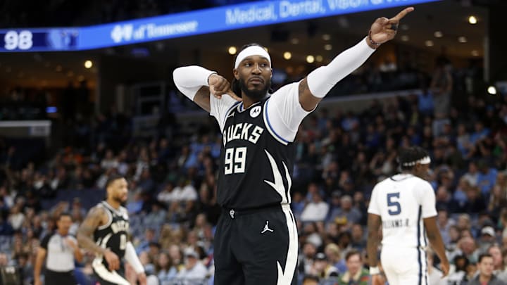 Feb 15, 2024; Memphis, Tennessee, USA; Milwaukee Bucks forward Jae Crowder (99) reacts after an out of bounds call during the second half against the Memphis Grizzlies at FedExForum. Mandatory Credit: Petre Thomas-Imagn Images