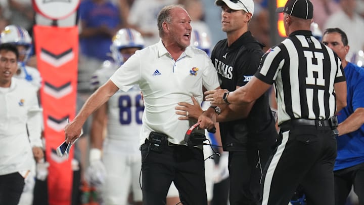 Kansas head coach Lance Leipold yells out to the referee as they play Arizona State at Mountain America Stadium on Oct. 5, 2024.