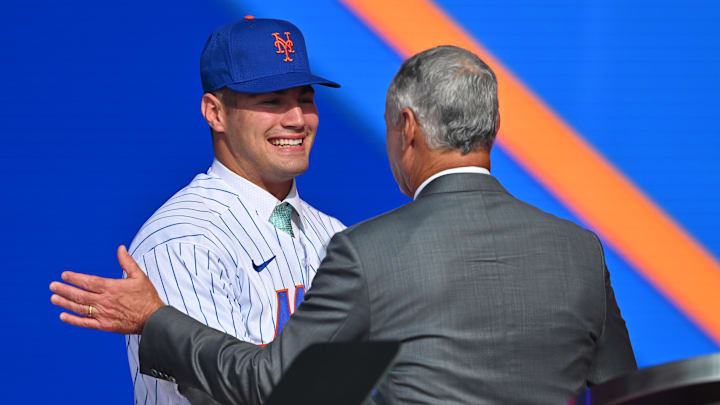 Jul 17, 2022; Los Angeles, CA, USA;  Kevin Parada is congratulated by Rob Manfred, commissioner of
