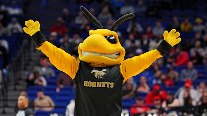 Mar 20, 2025; Lexington, KY, USA;  The Alabama State Hornets mascot cheers during the second half of the game between the Auburn Tigers and the Alabama State Hornets in the first round of the NCAA Tournament at Rupp Arena. Mandatory Credit: Aaron Doster-Imagn Images
