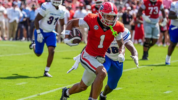 Sep 5, 2026; Athens, Georgia, USA; Georgia Bulldogs wide receiver Talyn Taylor (1) runs for a touchdown against the Tennessee State Tigers at Sanford Stadium. Mandatory Credit: Dale Zanine-Imagn Images Sep 5, 2026; Athens, Georgia, USA; Georgia Bulldogs wide receiver Talyn Taylor (1) runs for a touchdown against the Tennessee State Tigers at Sanford Stadium. Mandatory Credit: Dale Zanine-Imagn Images