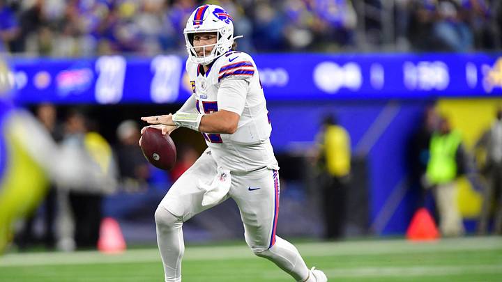 Oct 12, 2026; Inglewood, California, USA;  Buffalo Bills quarterback Josh Allen (17) scrambles during the fourth quarter against the Los Angeles Rams at SoFi Stadium.  Mandatory Credit: Gary A. Vasquez-Imagn Images