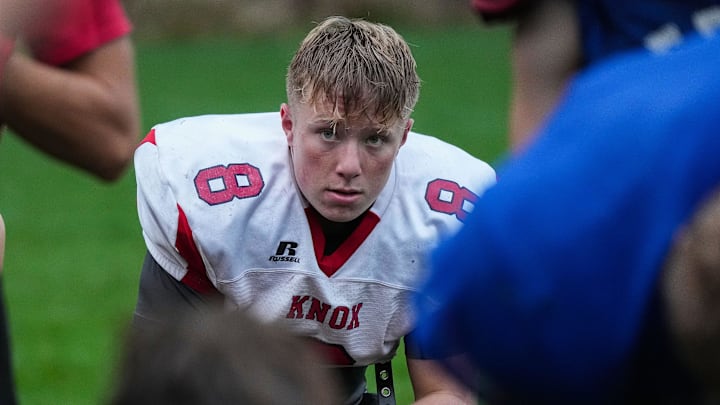 Knox's Myles McLaughlin takes a knee Tuesday, Sept. 23, 2025, during practice at Knox High School in Knox.