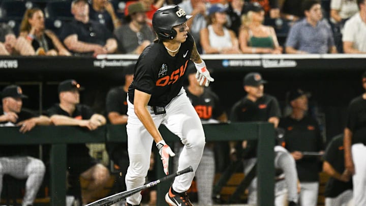 Oregon State shortstop Aiva Arquette singles during an NCAA World Series game June 13 at Charles Schwab Field. Oregon State shortstop Aiva Arquette singles during an NCAA World Series game June 13 at Charles Schwab Field.