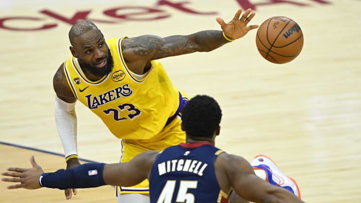 Jan 28, 2026; Cleveland, Ohio, USA; Los Angeles Lakers forward LeBron James (23) loses the ball in the fourth quarter against the Cleveland Cavaliers at Rocket Arena. Mandatory Credit: David Richard-Imagn Images