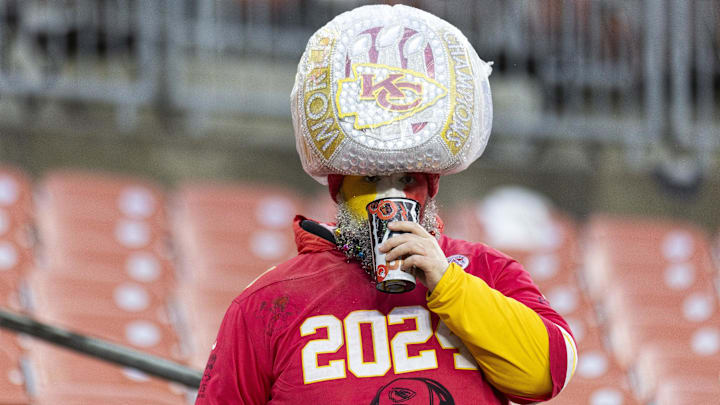 A Kansas City Chiefs fan waits in the stands after a game against the Cleveland Browns at Huntington Bank Field.