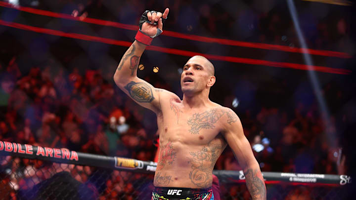 Apr 13, 2024; Las Vegas, Nevada, USA; Alex Pereira (red gloves) reacts after defeating Jamahal Hill