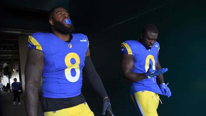 Sep 21, 2025; Philadelphia, Pennsylvania, USA; Los Angeles Rams linebacker Jared Verse (8) and linebacker Byron Young (0) wait in the tunnel against the Philadelphia Eagles at Lincoln Financial Field. Mandatory Credit: Eric Hartline-Imagn Images Sep 21, 2025; Philadelphia, Pennsylvania, USA; Los Angeles Rams linebacker Jared Verse (8) and linebacker Byron Young (0) wait in the tunnel against the Philadelphia Eagles at Lincoln Financial Field. Mandatory Credit: Eric Hartline-Imagn Images