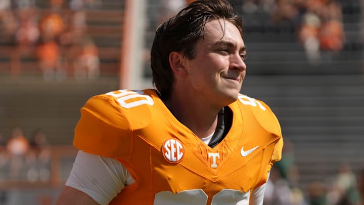 Tennessee place kicker Max Gilbert (90) warming up before the start NCAA college football game against UAB on September 20, 2025, in Knoxville, Tennessee.