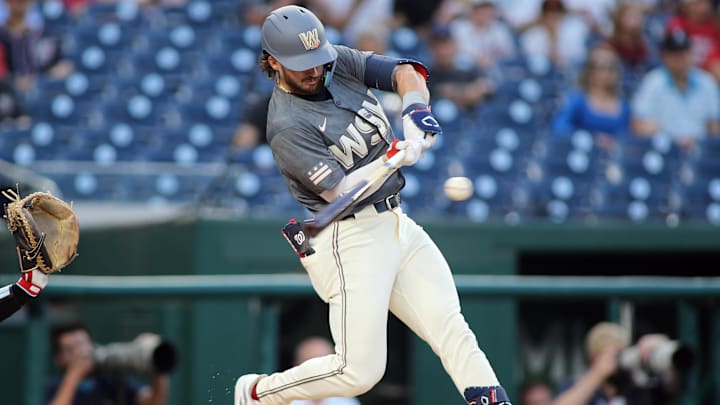 Sep 13, 2024; Washington, District of Columbia, USA; Washington Nationals outfielder Dylan Crews (3) hits a single during the first inning of a baseball game against the Miami Marlins, at Nationals Park. Sep 13, 2024; Washington, District of Columbia, USA; Washington Nationals outfielder Dylan Crews (3) hits a single during the first inning of a baseball game against the Miami Marlins, at Nationals Park.