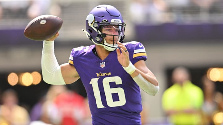 Aug 26, 2023; Minneapolis, Minnesota, USA; Minnesota Vikings quarterback Jaren Hall (16) throws a