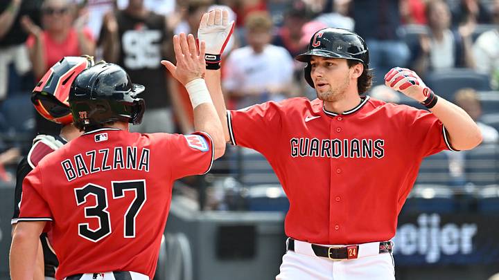 Jul 5, 2026: Cleveland Guardians right fielder Chase DeLauter (24) celebrates with second baseman Travis Bazzana (37) after hitting a home run during the first inning against the Chicago White Sox at Progressive Field. 