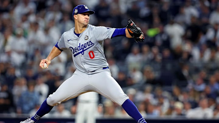 Oct 30, 2024; New York, New York, USA; Los Angeles Dodgers pitcher Jack Flaherty (0) pitches during the first inning against the New York Yankees in game four of the 2024 MLB World Series at Yankee Stadium. Mandatory Credit: Brad Penner-Imagn Images Oct 30, 2024; New York, New York, USA; Los Angeles Dodgers pitcher Jack Flaherty (0) pitches during the first inning against the New York Yankees in game four of the 2024 MLB World Series at Yankee Stadium. Mandatory Credit: Brad Penner-Imagn Images